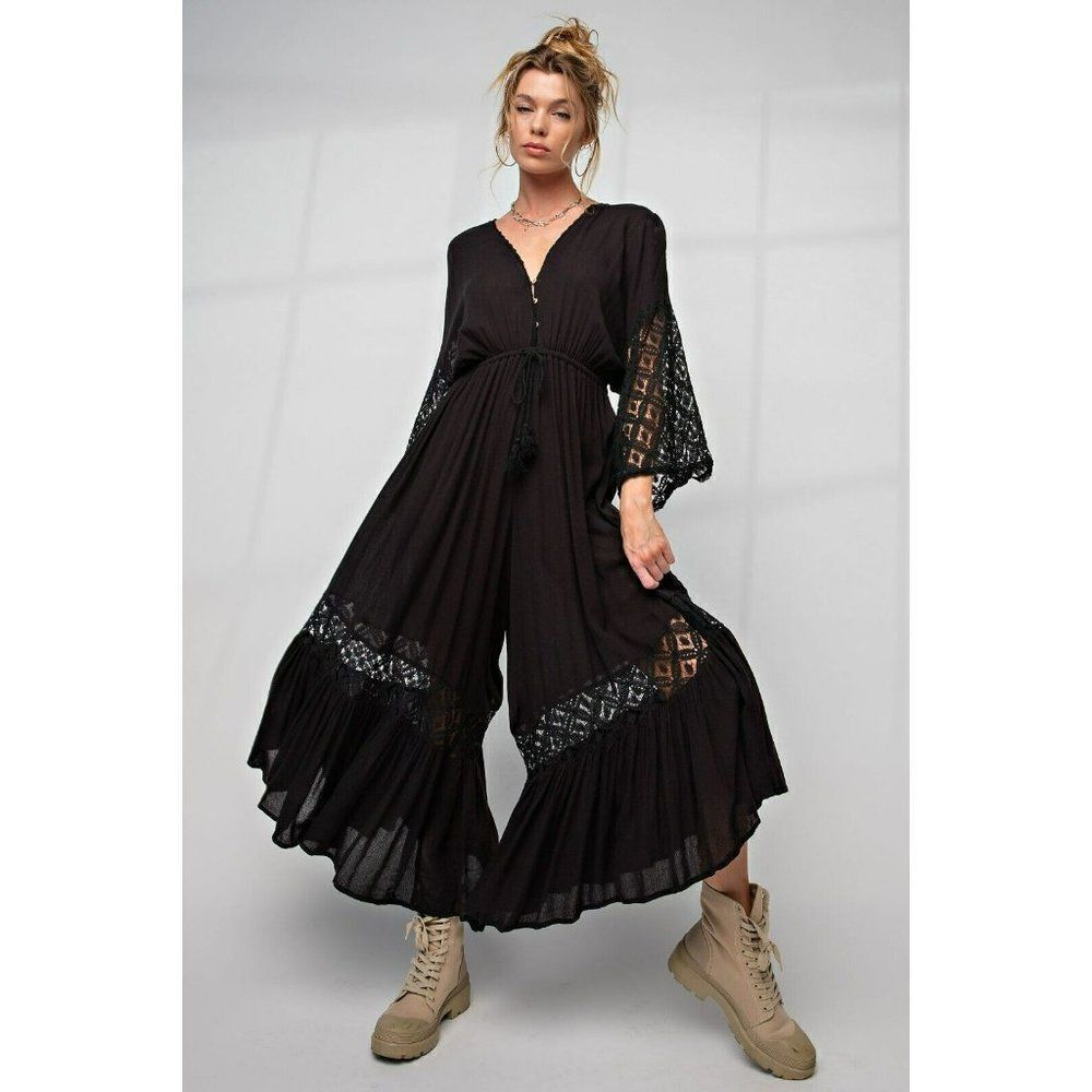 easel Black Lace-Trim Wide Leg Jumpsuit